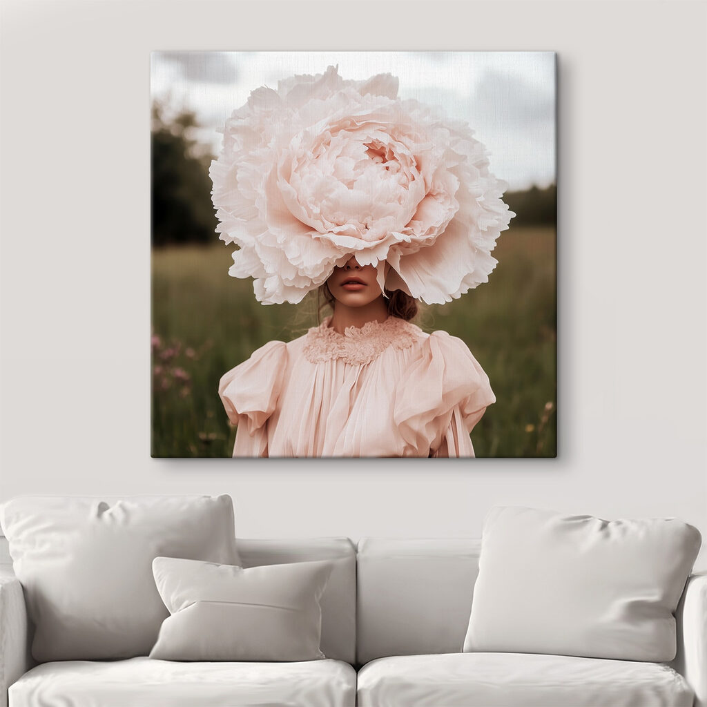 Woman in a dress with a large flower over her face Woman in a dress with a large flower over her face