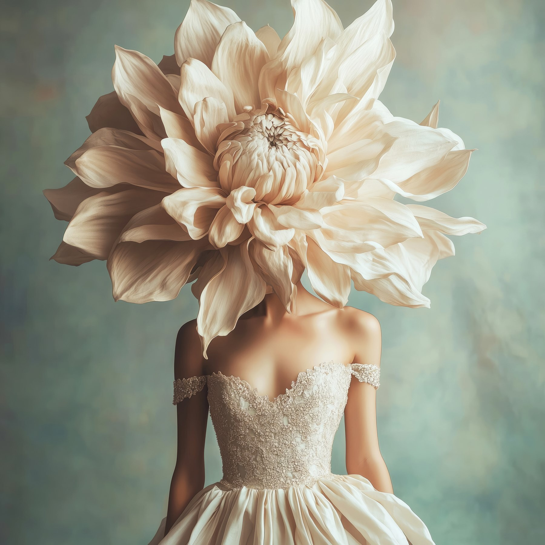 Woman wearing a dress with a large flower on her head Woman wearing a dress with a large flower on her head