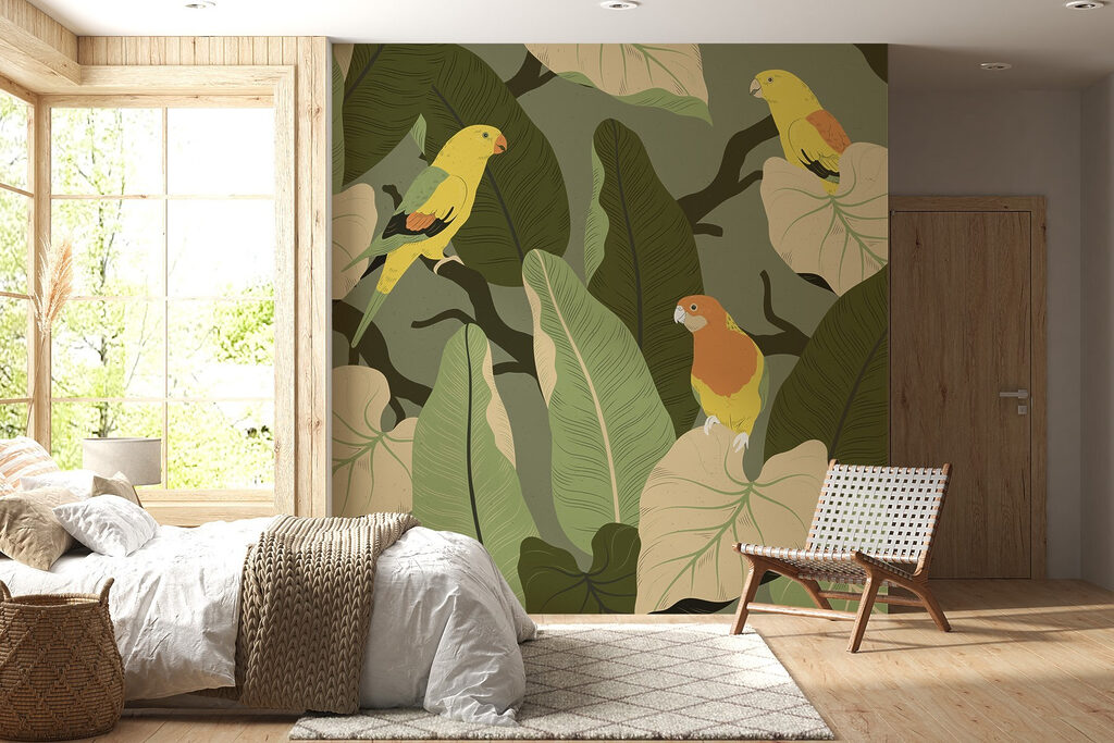 Colorful birds on a tree branch