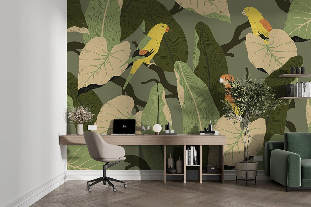 Colorful birds on a tree branch