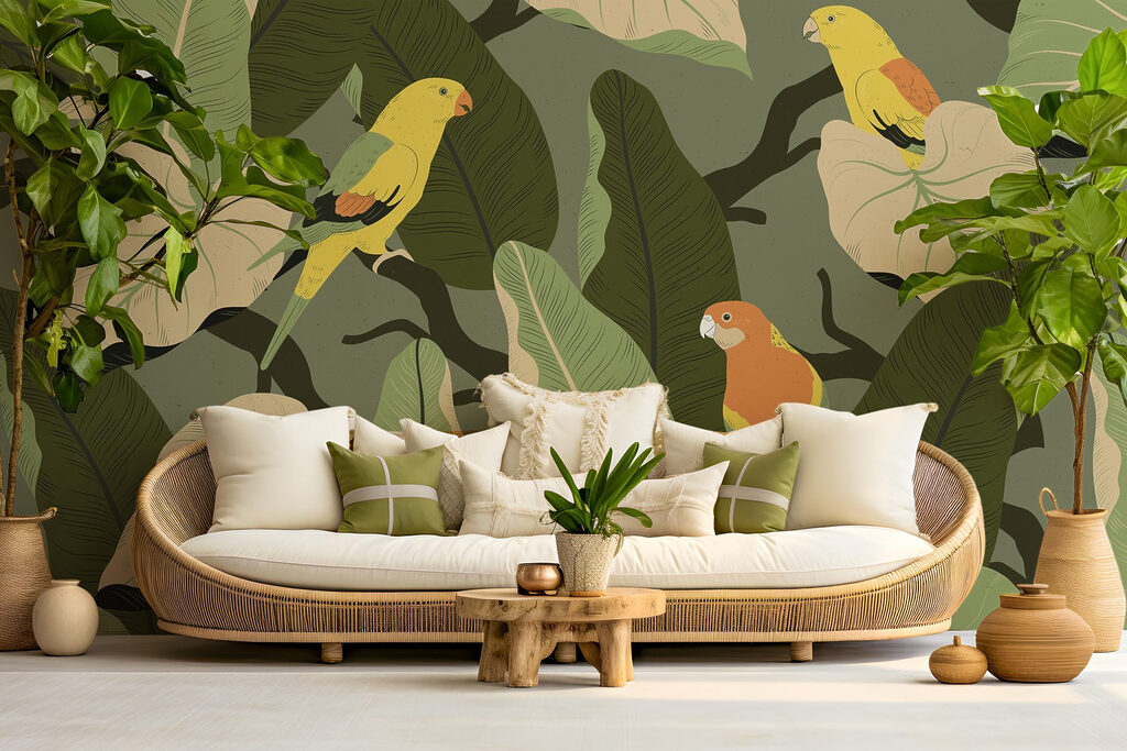 Colorful birds on a tree branch