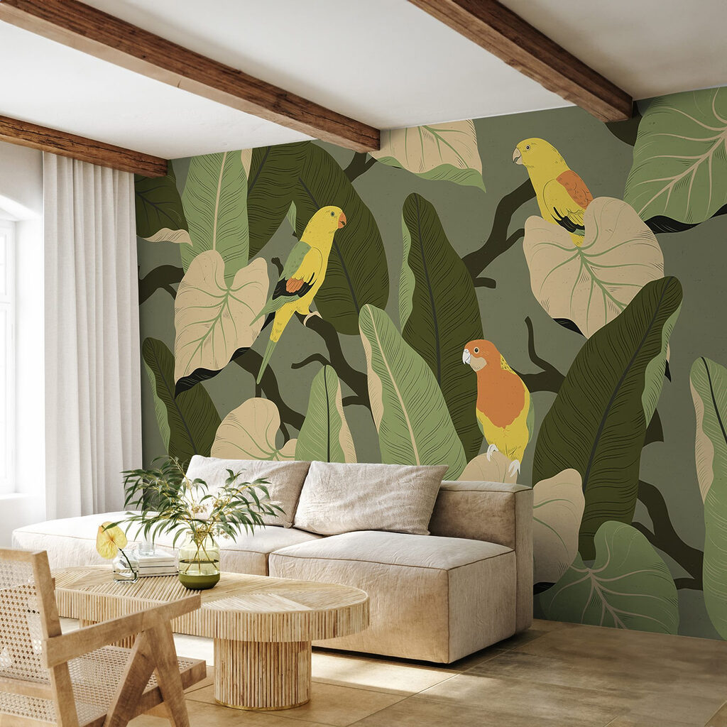 Colorful birds on a tree branch