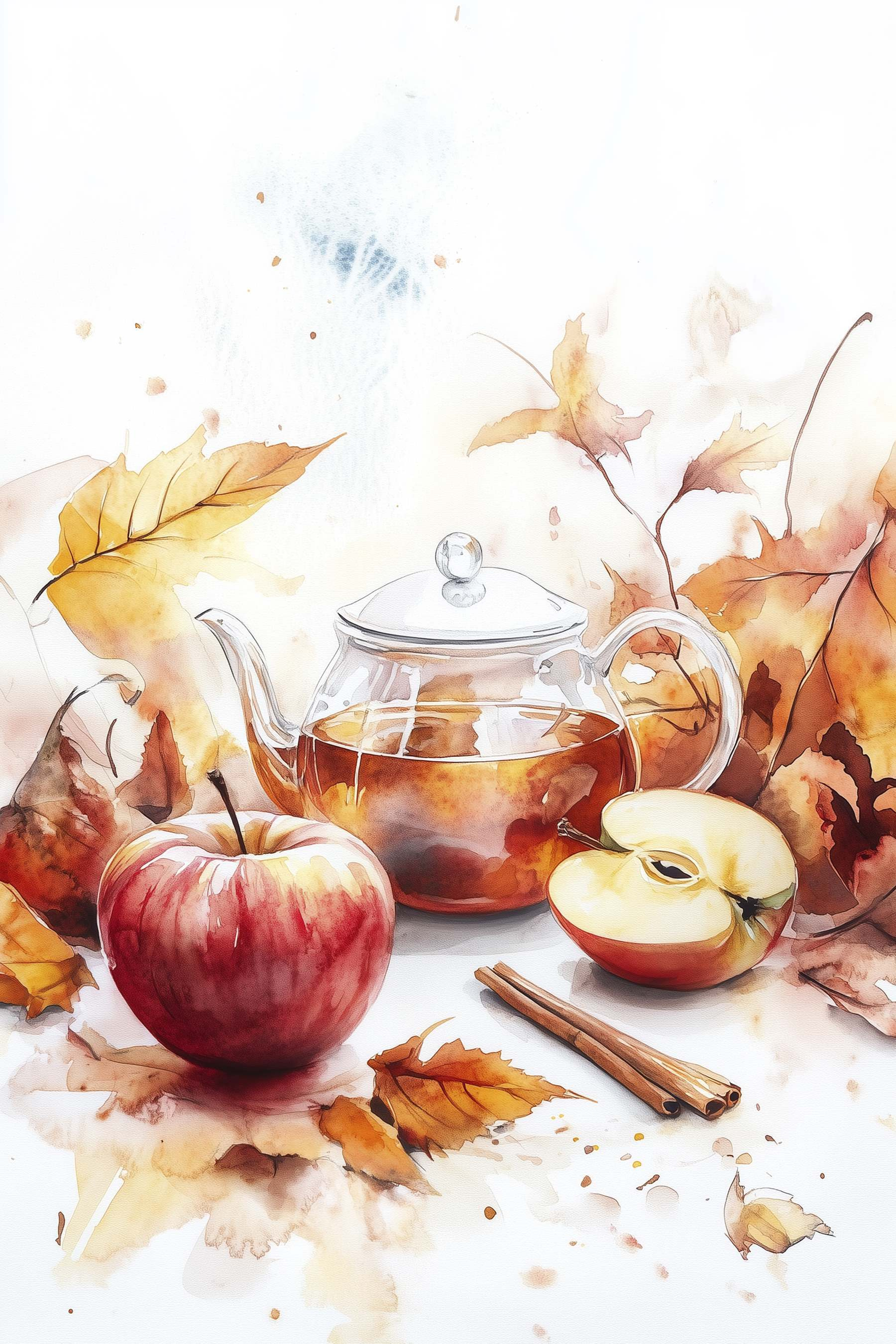 Watercolor painting of a teapot and apples