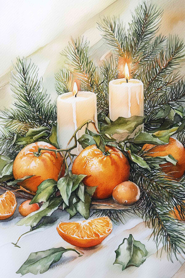 Watercolor painting of oranges and candles on a table
