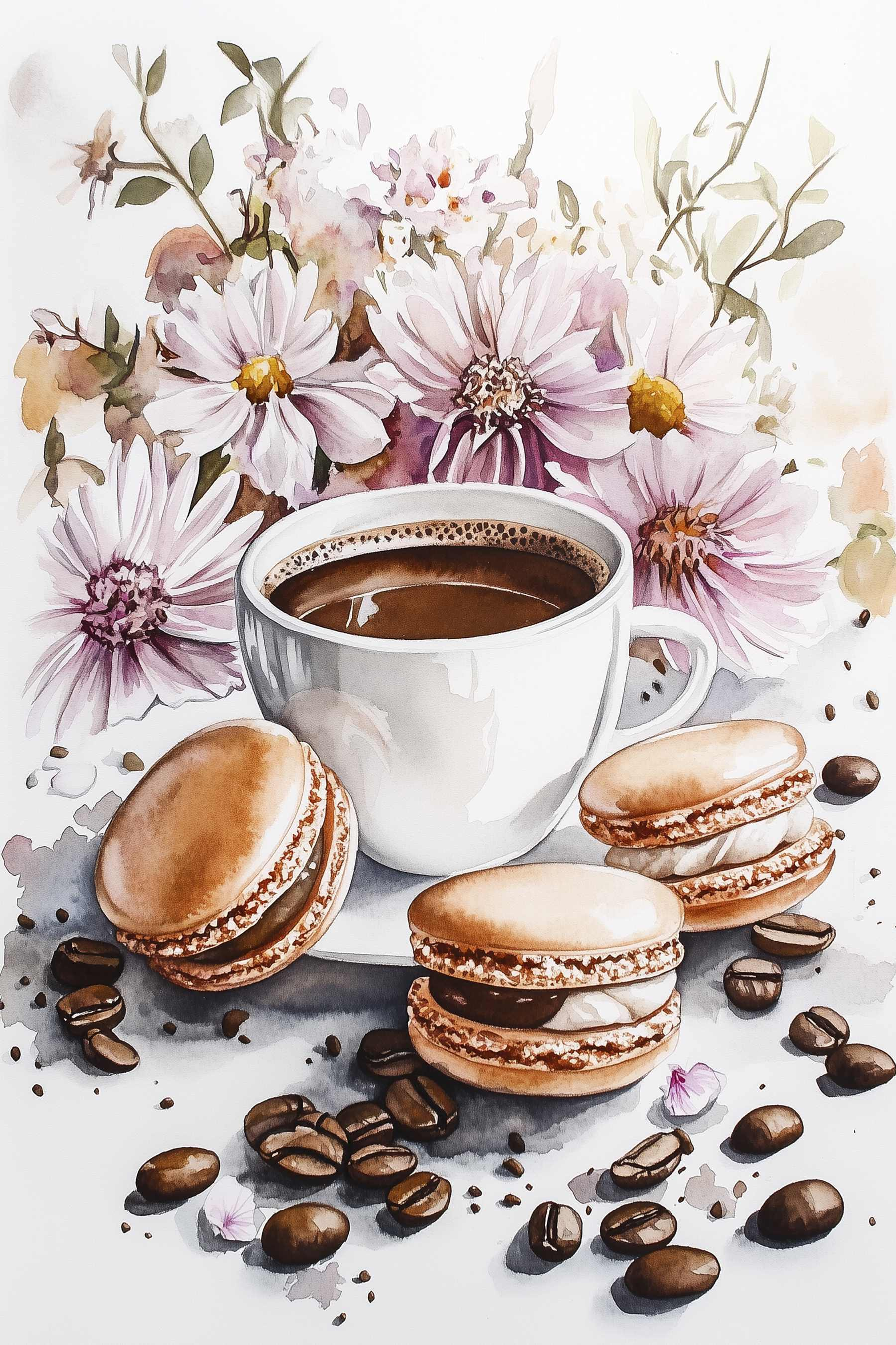 Watercolor painting of a cup of coffee and cookies