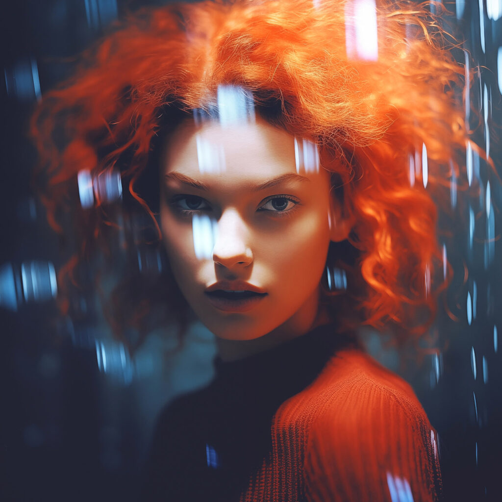Woman with red hair and rain drops