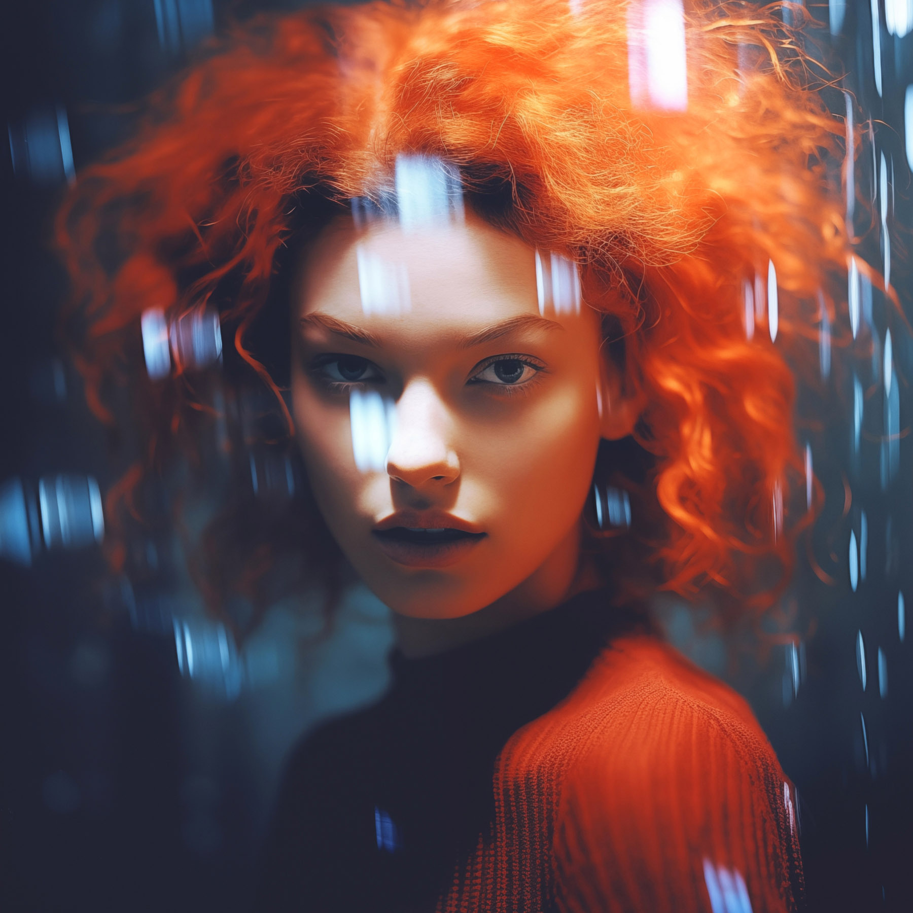 Woman with red hair and rain drops