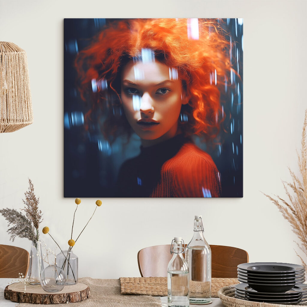 Woman with red hair and rain drops