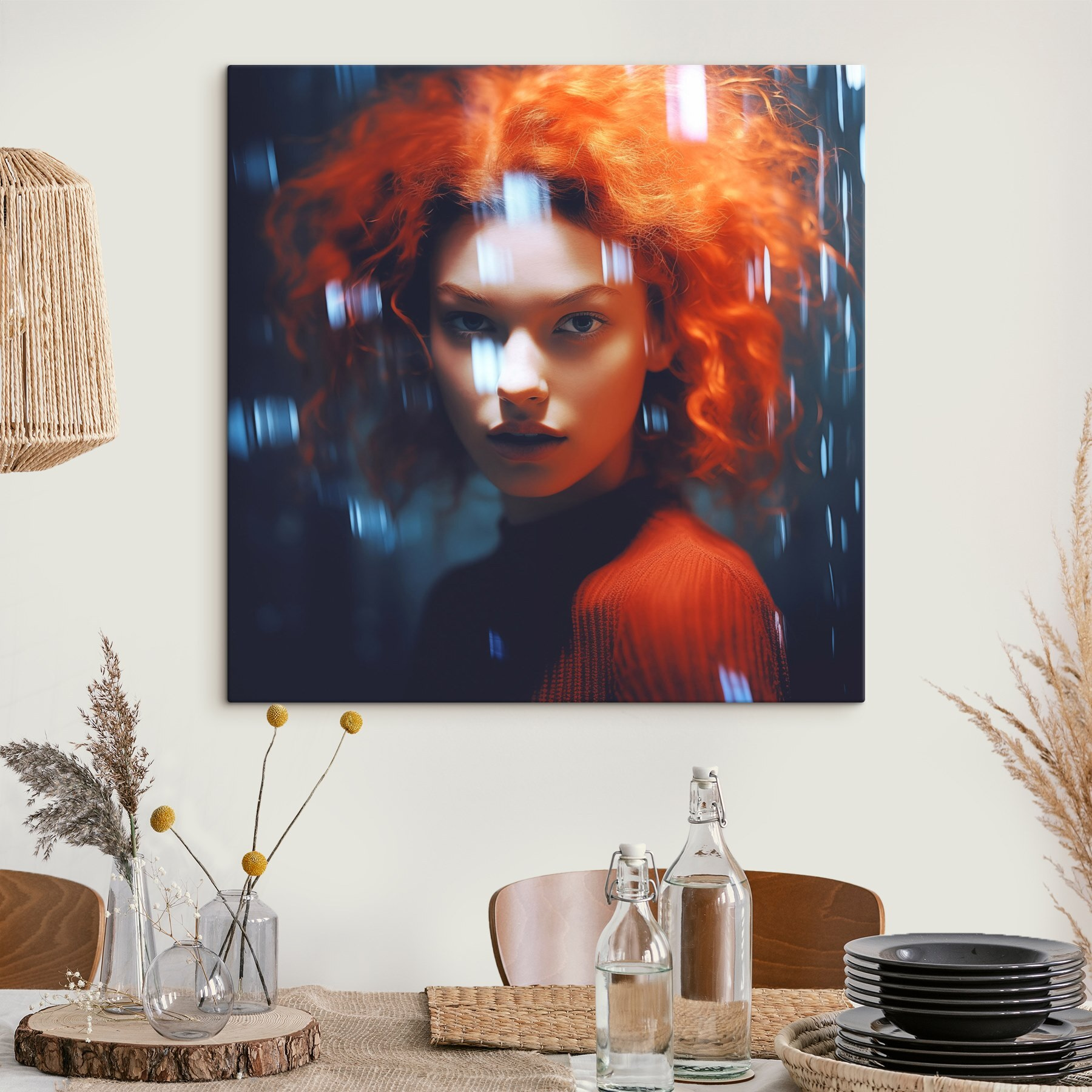 Woman with red hair and rain drops