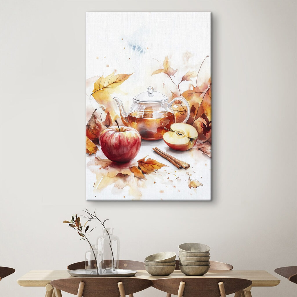 Watercolor painting of a teapot and apples