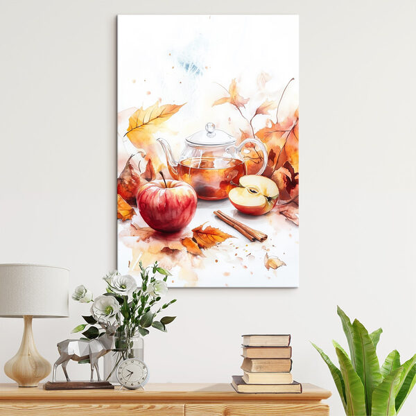 Watercolor painting of a teapot and apples