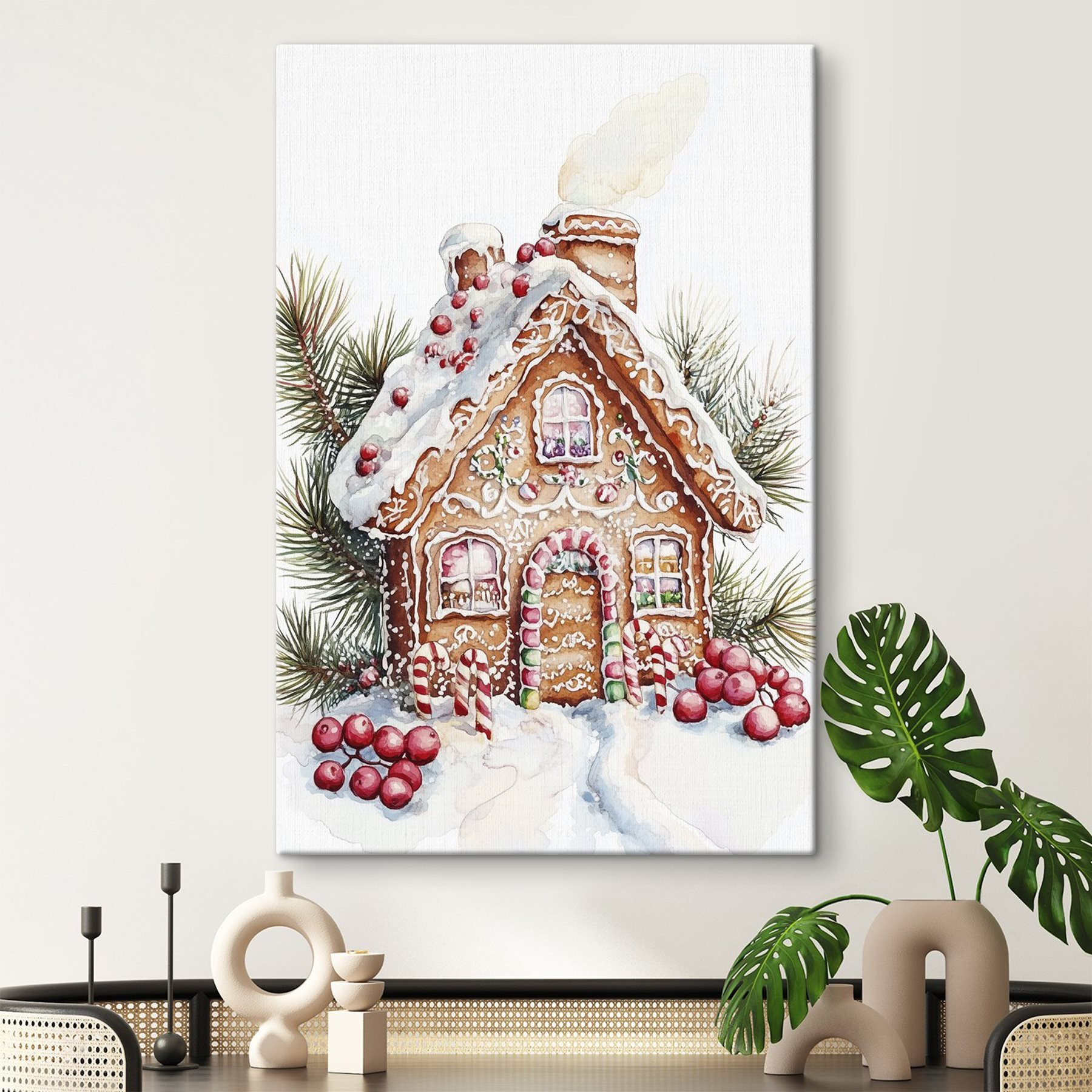 Gingerbread house with candy canes and pine branches