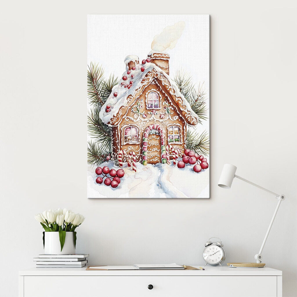 Gingerbread house with candy canes and pine branches
