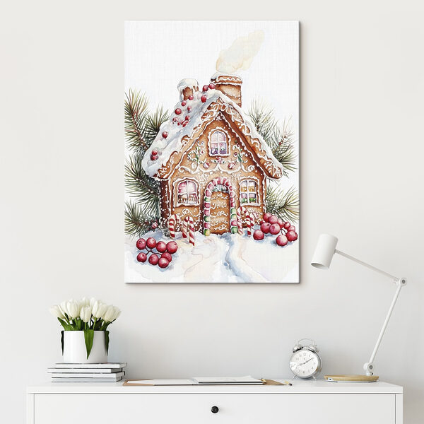 Gingerbread house with candy canes and pine branches