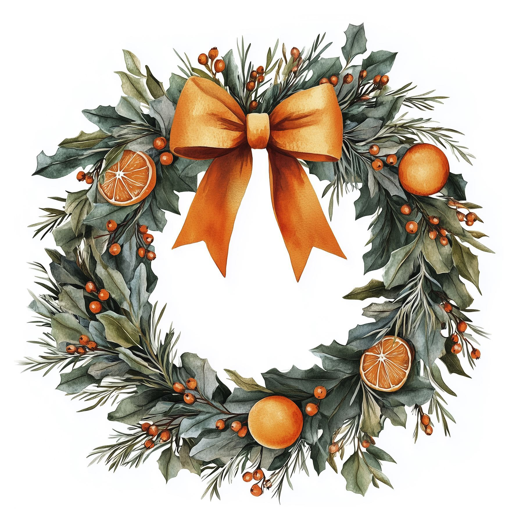Watercolor wreath with oranges and berries