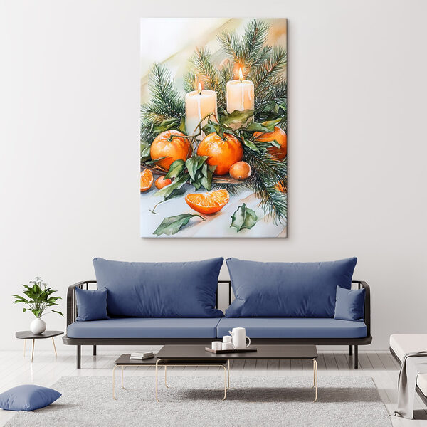 Watercolor painting of oranges and candles on a table