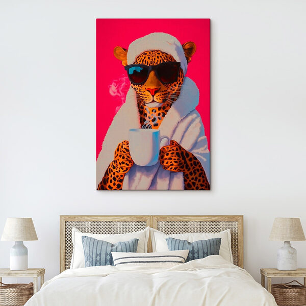 Painting of a leopard wearing a robe and sunglasses holding a cup