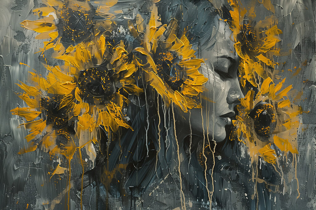 Painting of a woman with sunflowers