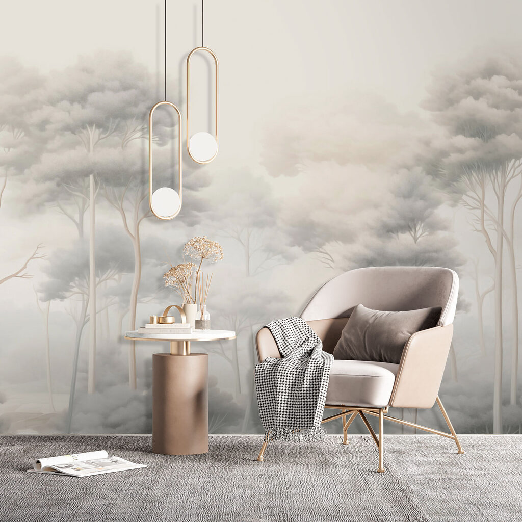 Group of trees in a foggy forest Group of trees in a foggy forest