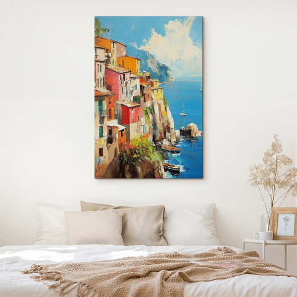 Quadri Dipinto raffigurante una cittadina colorata su una scogliera in riva al mare (COD: s42002) Quadri Quadri Dipinto raffigurante una cittadina colorata su una scogliera in riva al mare (COD: s42002)