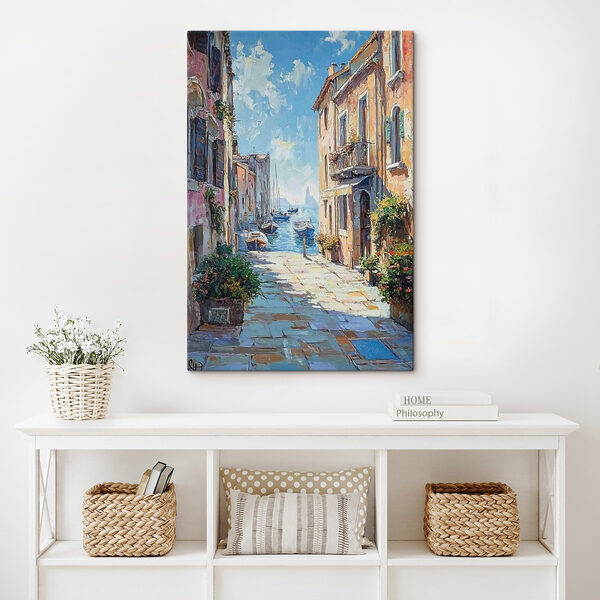 Quadri Dipinto raffigurante una strada con barche ed edifici (COD: s42003) Quadri Quadri Dipinto raffigurante una strada con barche ed edifici (COD: s42003)