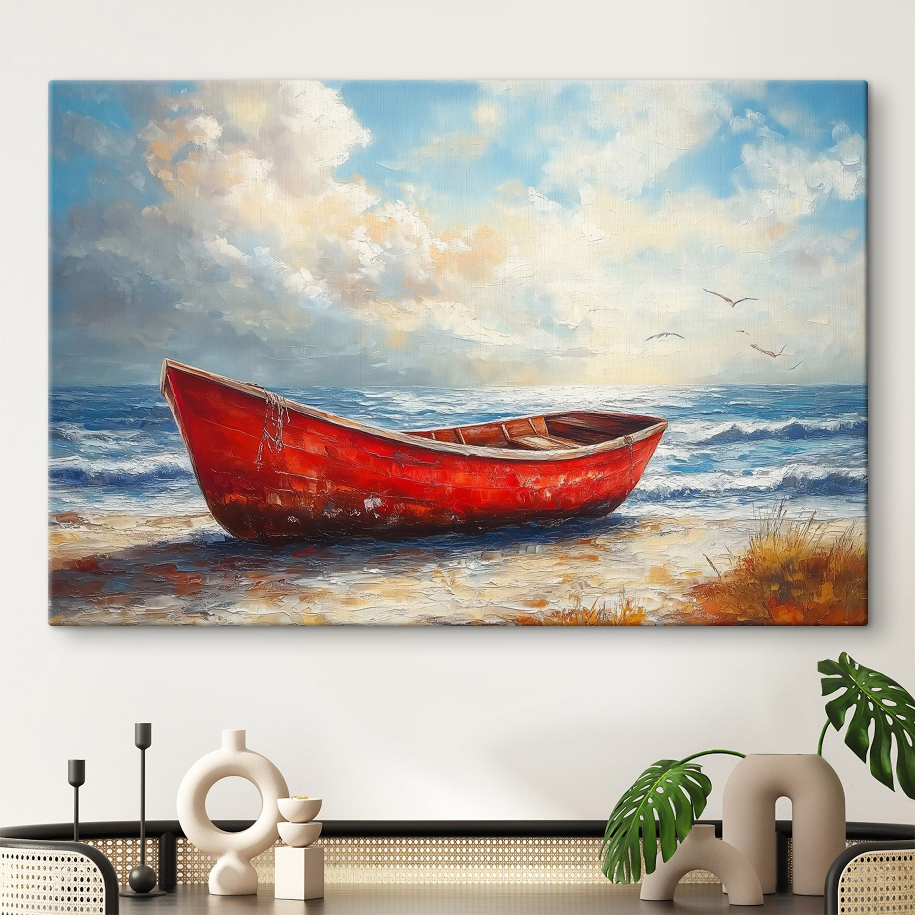 Painting of a boat on a beach Painting of a boat on a beach