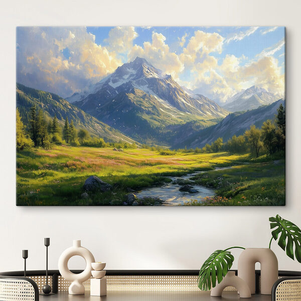 River running through a valley with mountains in the background