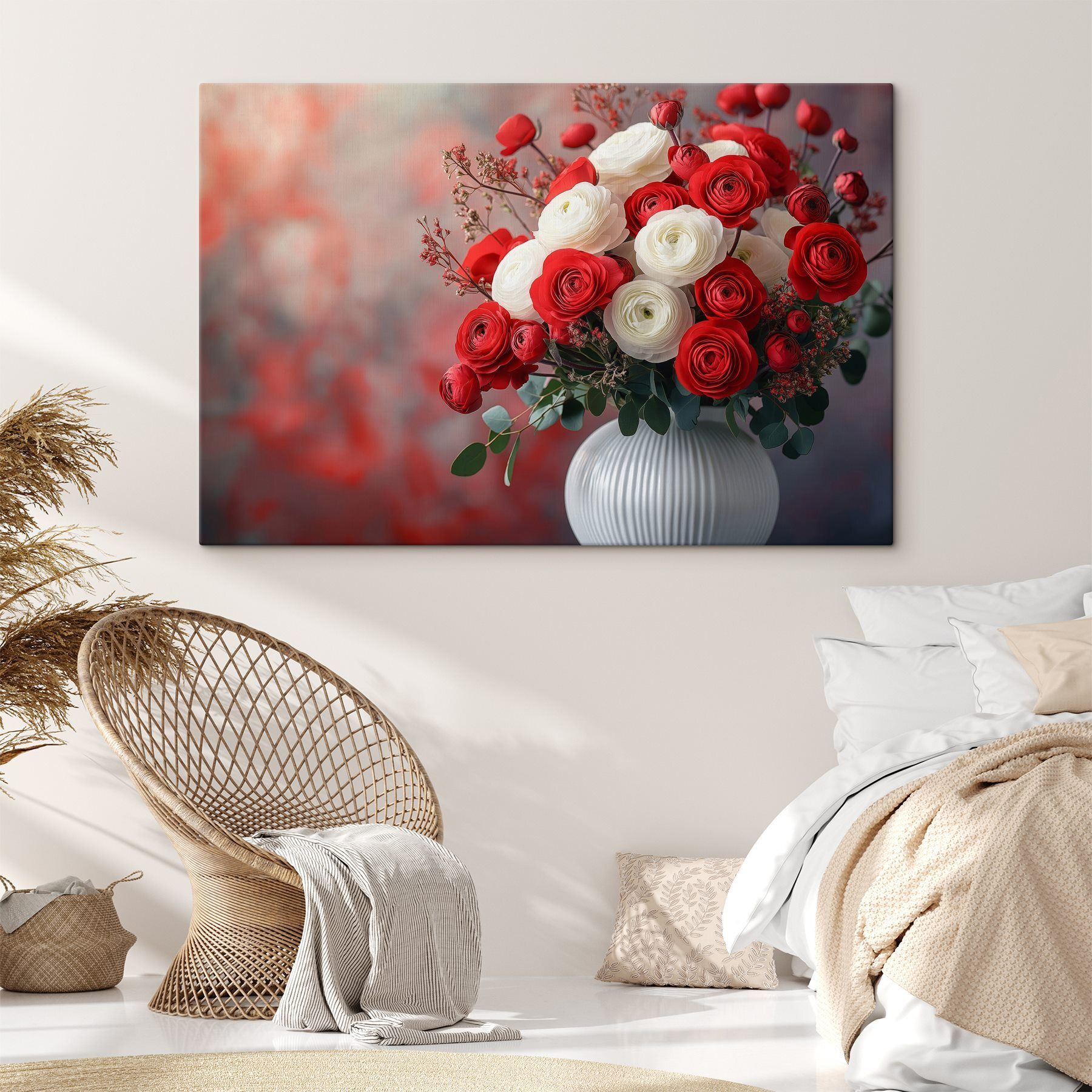 Vase of red and white flowers