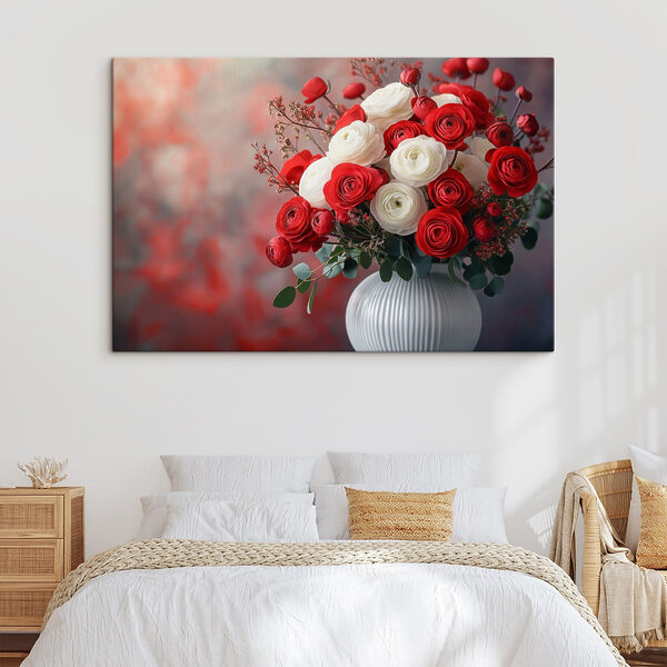 Vase of red and white flowers
