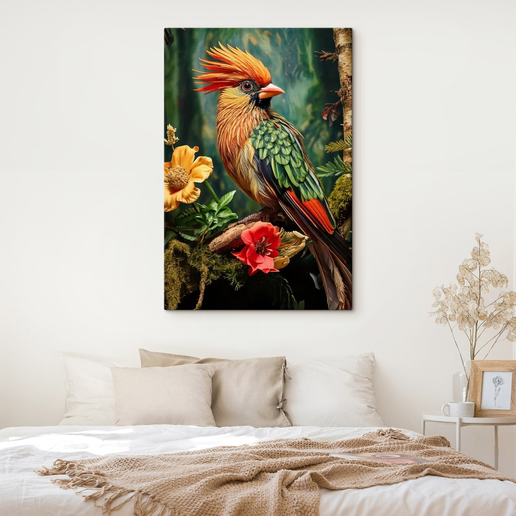 Colorful bird sitting on a branch with flowers Colorful bird sitting on a branch with flowers