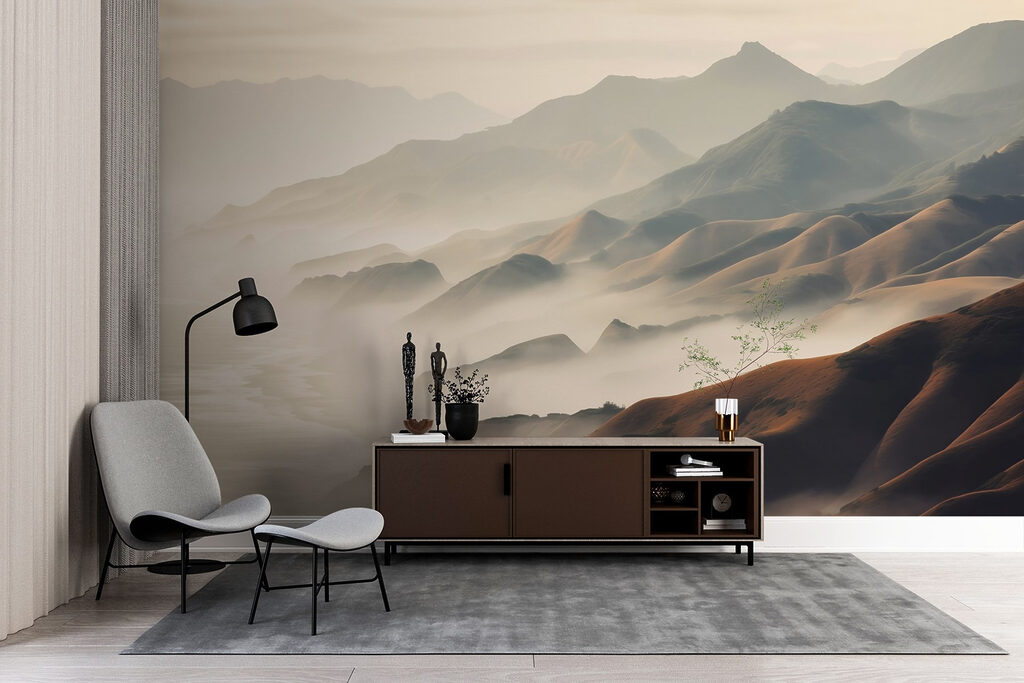 Foggy mountains with hills and water Foggy mountains with hills and water