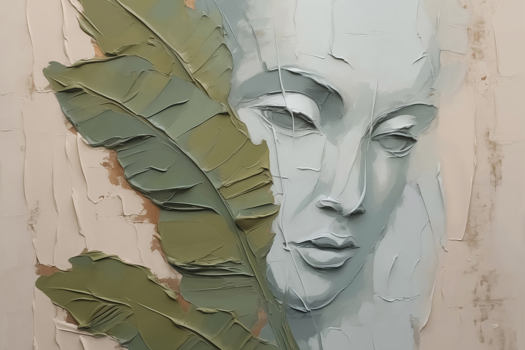 Painting of a face and a leaf Painting of a face and a leaf
