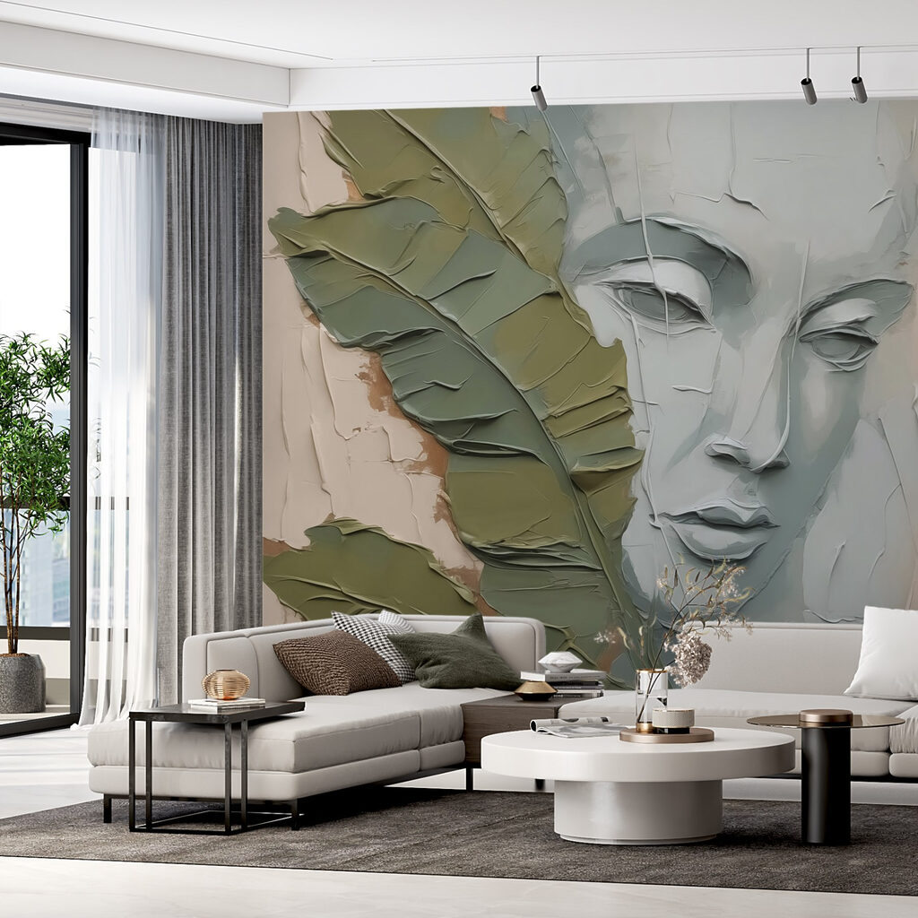 Painting of a face and a leaf Painting of a face and a leaf