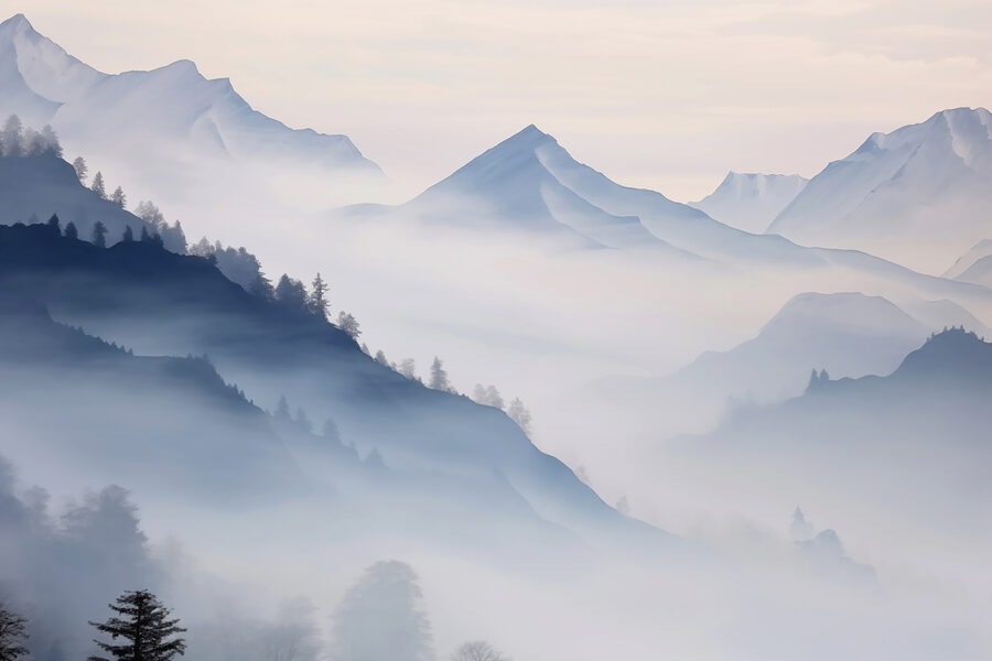 Catena montuosa con alberi e nebbia