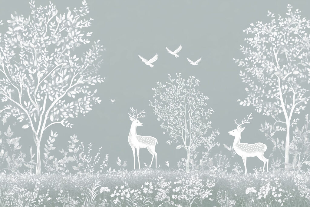 Cervo bianco e uccelli in una foresta Cervo bianco e uccelli in una foresta
