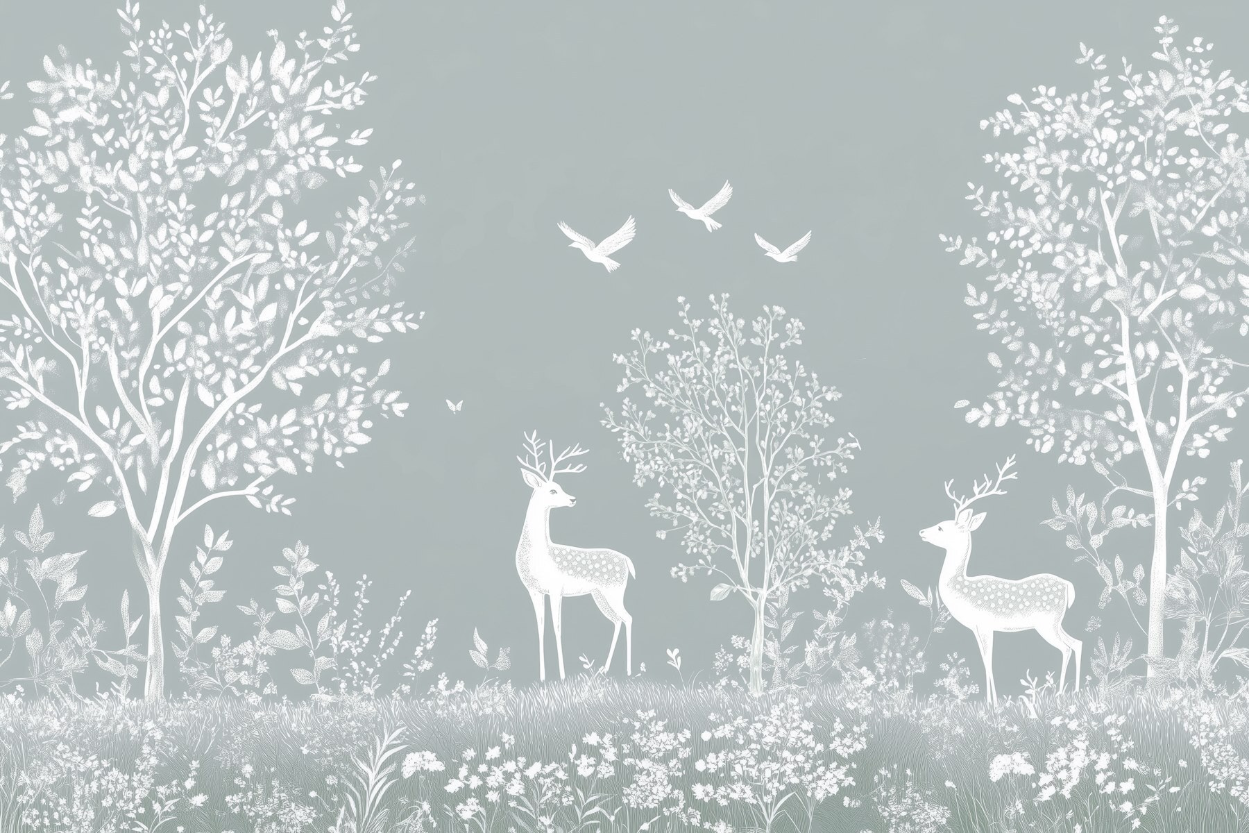 White deer and birds in a forest White deer and birds in a forest