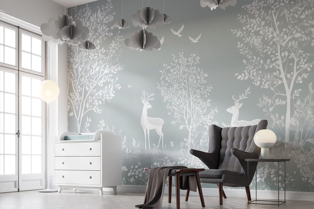 White deer and birds in a forest White deer and birds in a forest