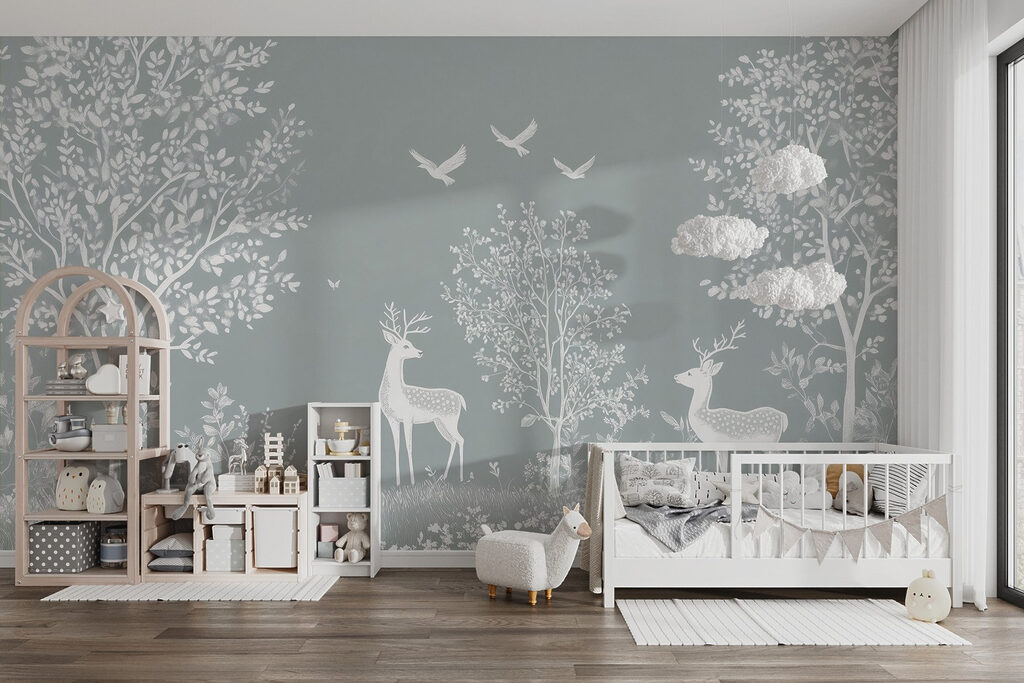 White deer and birds in a forest White deer and birds in a forest