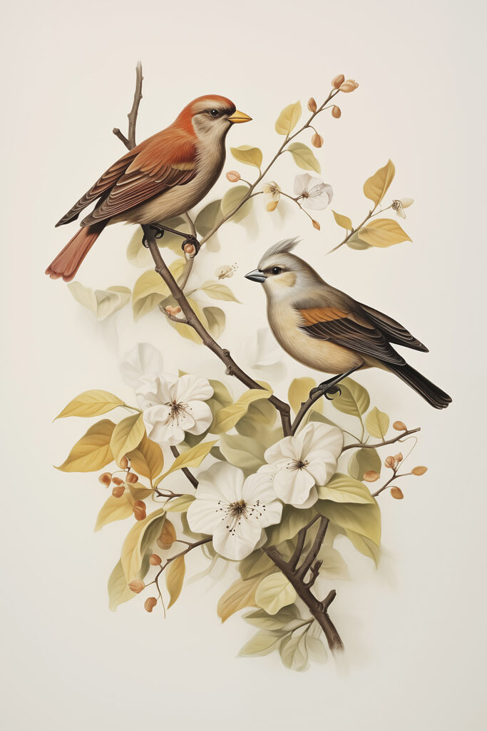 Two birds on a branch with flowers Two birds on a branch with flowers