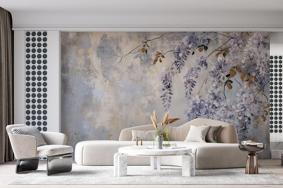 Pittura di un ramo con fiori viola