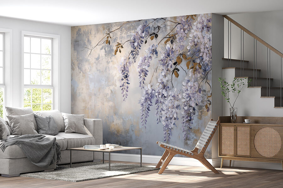 Pittura di un ramo con fiori viola
