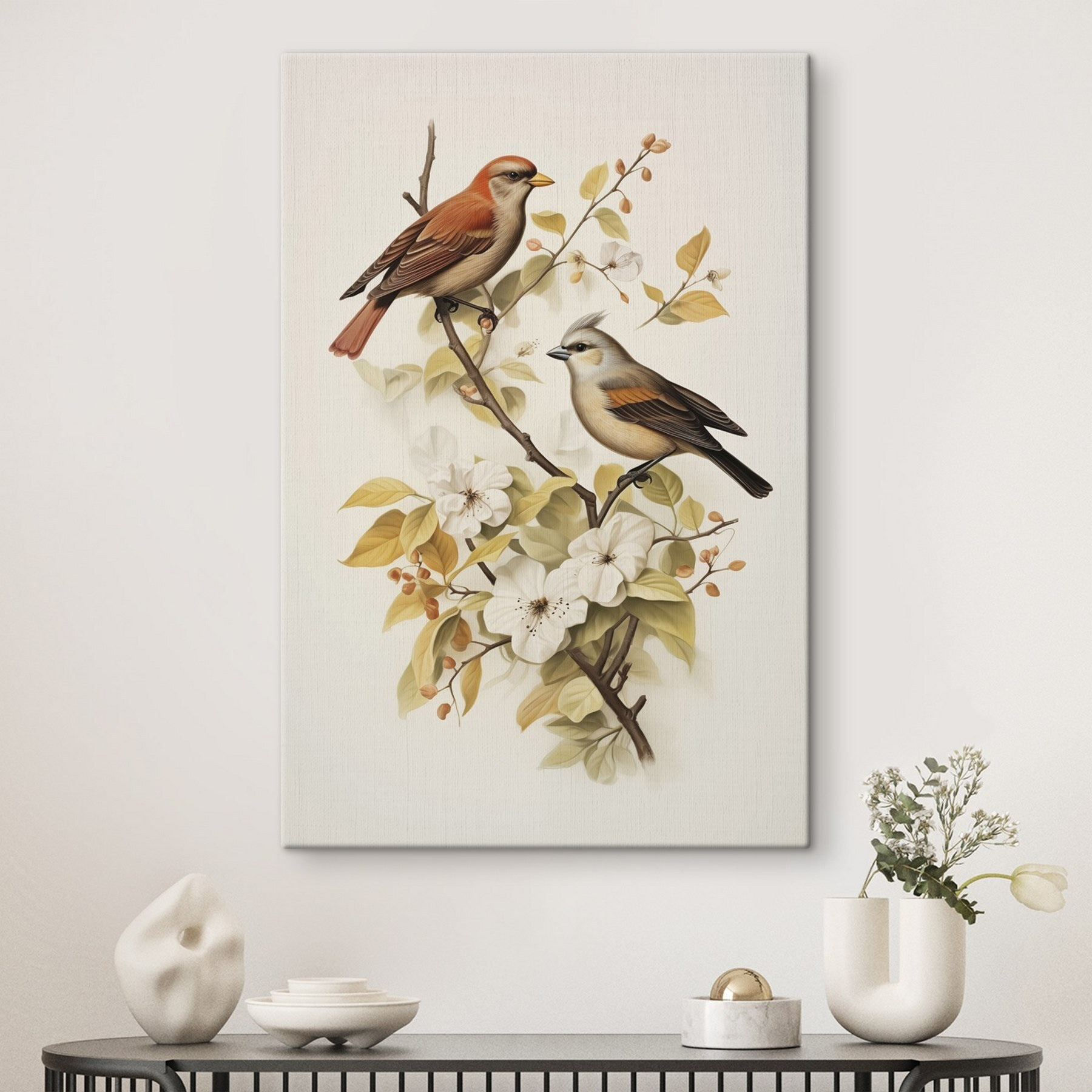 Two birds on a branch with flowers Two birds on a branch with flowers