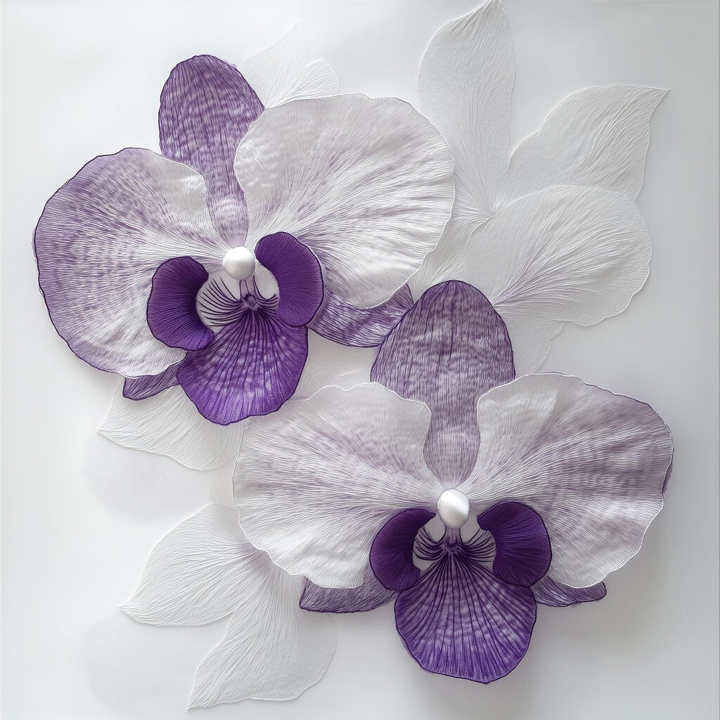 Purple and white flowers on a white surface Purple and white flowers on a white surface