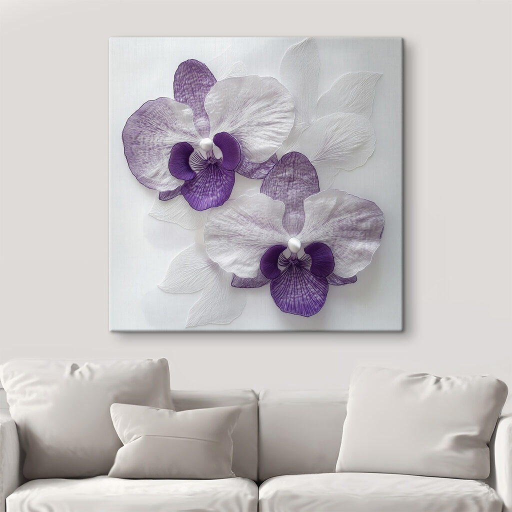 Purple and white flowers on a white surface Purple and white flowers on a white surface