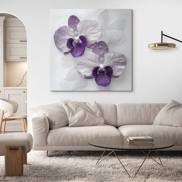 Purple and white flowers on a white surface Purple and white flowers on a white surface