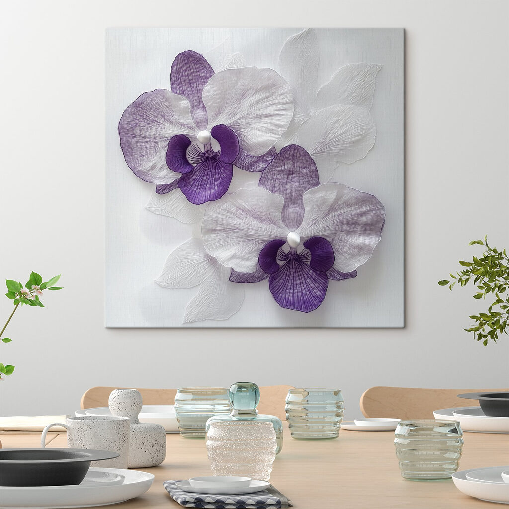 Purple and white flowers on a white surface Purple and white flowers on a white surface