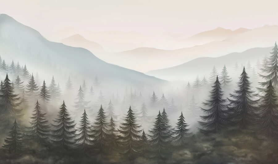 Paesaggio nebbioso con alberi e montagne