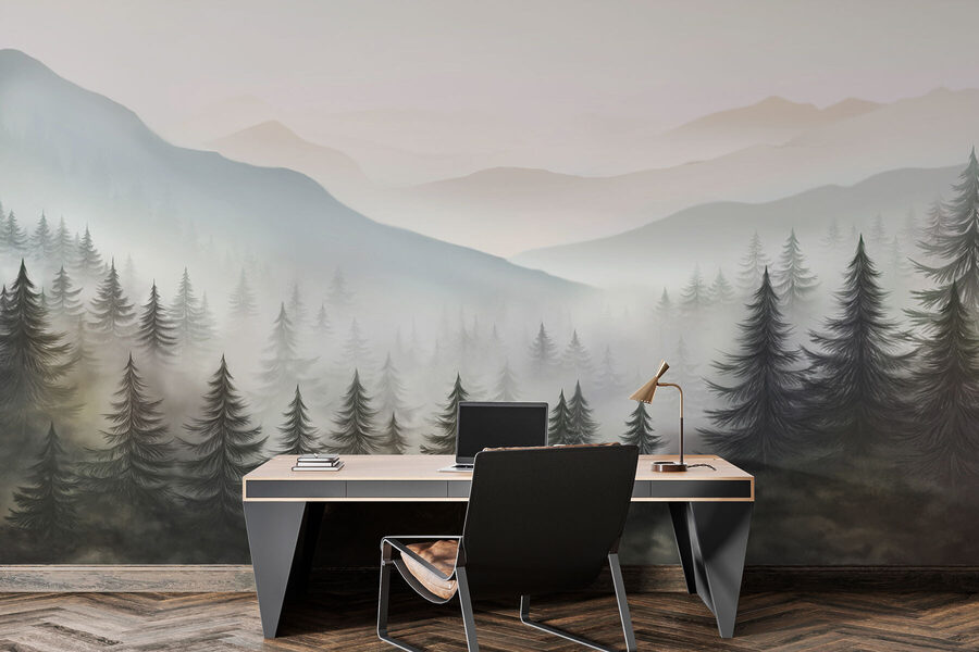 Paesaggio nebbioso con alberi e montagne