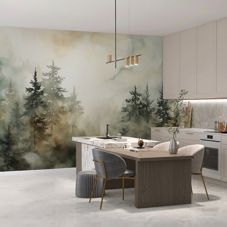Foresta nebbiosa con alberi