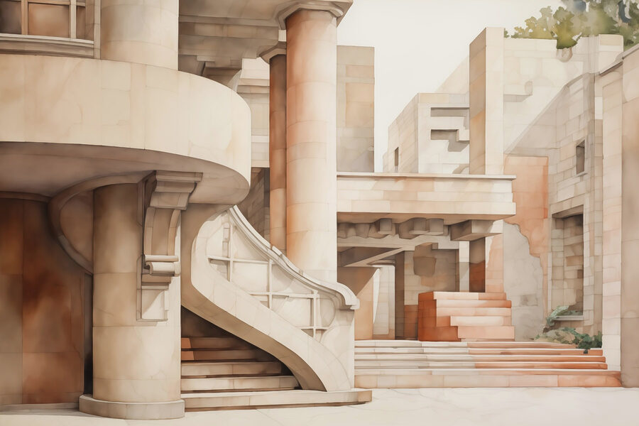 Pittura di un edificio con scale e gradini